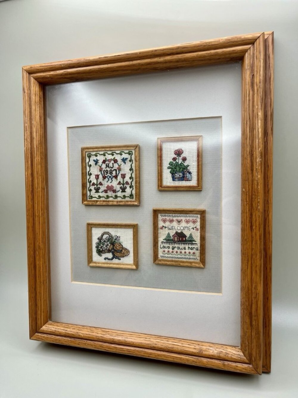 Vintage 1987 Handmade Miniature Cross Stitch Sampler Country Cottage Folk Art